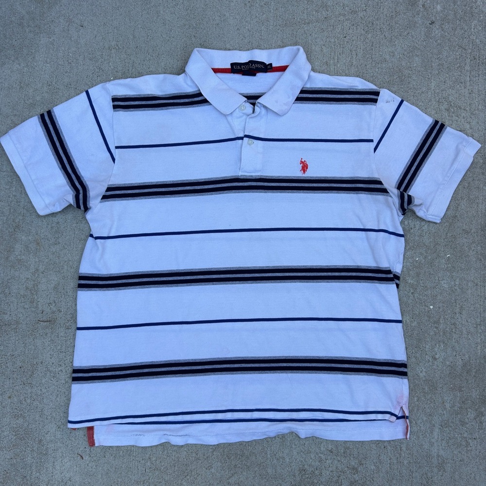 U.S. Polo Assn. Polo Shirt XL White Striped Short Sleeve Y2K Streetwear Skater